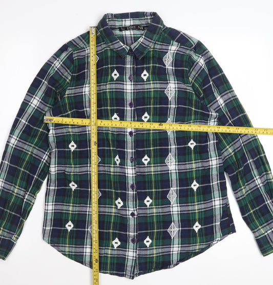 F&F Women Green Plaid Cotton Long Sleeve Button-Up Shirt Size 14