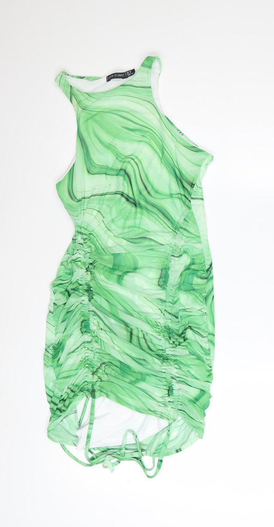 Additional front view of I Saw It First women’s green ruched bodycon dress, size UK 10