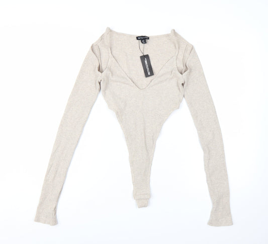 PrettyLittleThing Women Beige Ribbed Long Sleeve Bodysuit UK 8