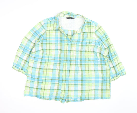 Bonmarché Women Multicoloured Check Linen Blend 3/4 Sleeve Button-Up Shirt Size 22