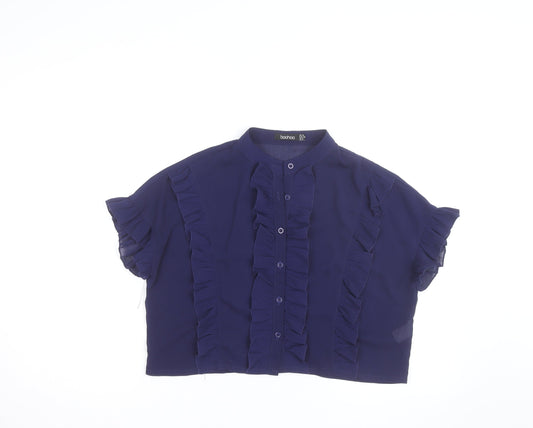 Boohoo Women Blue Ruffle Short Sleeve Cropped Blouse UK 10