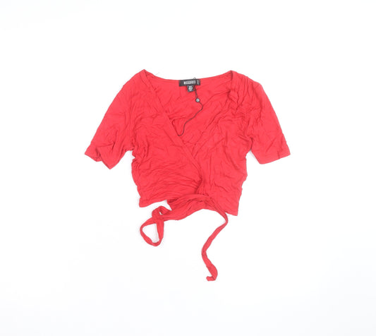 Missguided Womens Red Wrap Tie Blouse UK 4 V-Neck Short Sleeve Top