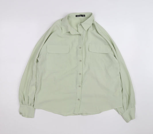 Boohoo Women Green Button-Up Long Sleeve Shirt Size 10