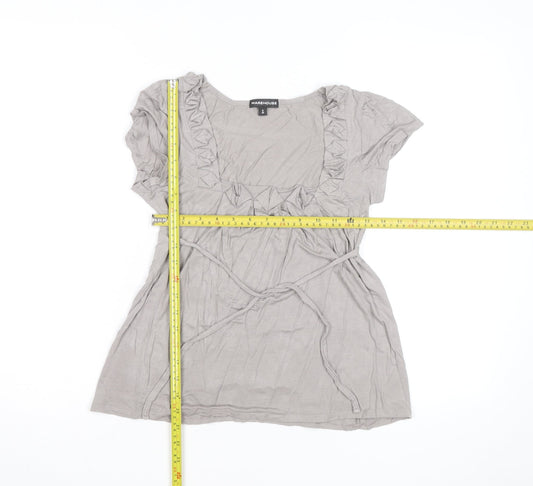 Warehouse Women’s Beige Ruffle Tunic Blouse Size 8 Short Sleeve