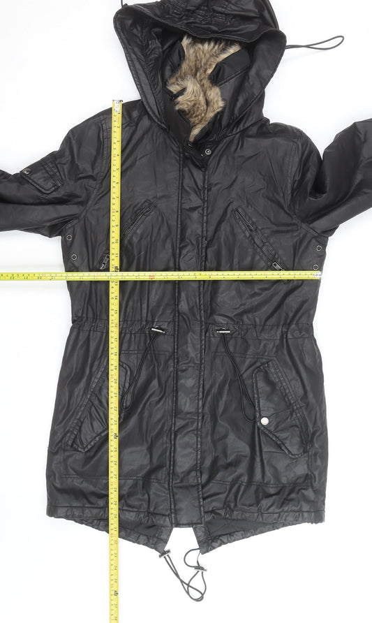 Papaya Women Black Faux Leather Fur Trim Parka Coat Size 10