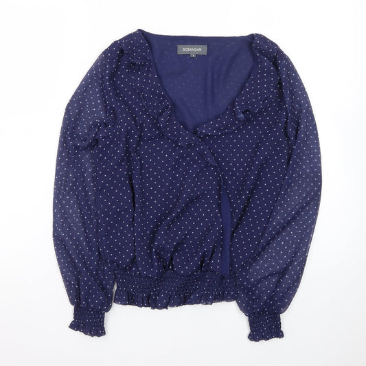 Sosandar Women's Blue Polka Dot Wrap Ruffle Blouse Size 8