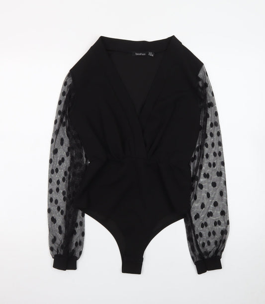 Boohoo Women Black Size 10 Wrap Mesh Polka Dot Long Sleeve Bodysuit