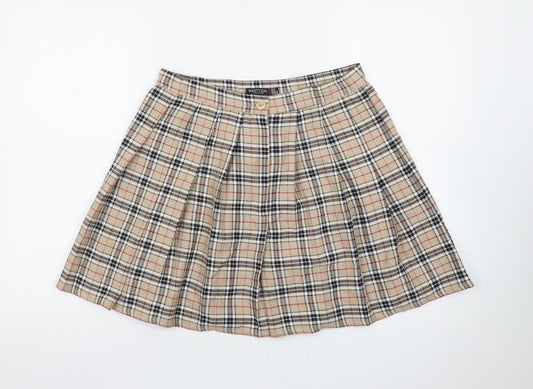 Nasty Gal Women Beige Plaid Pleated Short Skirt UK 14