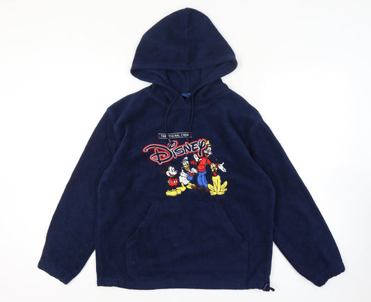 Front view of Disney Navy Fleece Pullover Hoodie Women L Mickey Donald Goofy Pluto
