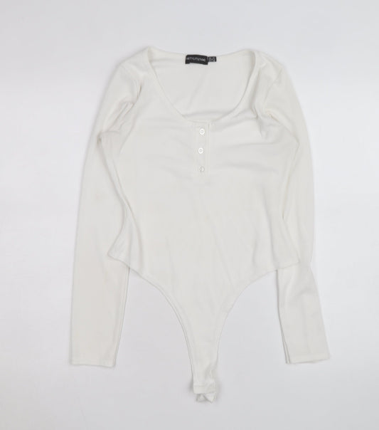 PrettyLittleThing Women White Long Sleeve Ribbed Bodysuit Size 10