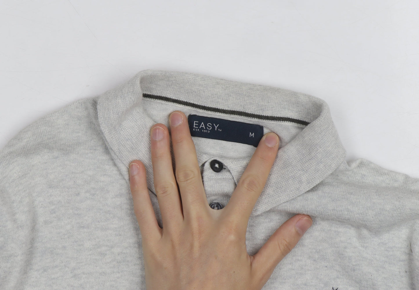 Easy Men's Grey Long Sleeve Cotton Polo Shirt Medium
