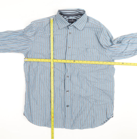 Marks and Spencer Blue Harbour Men's Blue Striped Cotton Long Sleeve Shirt L