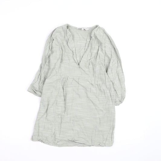 F&F Women’s Green Check Cotton Tunic Blouse Size S V-Neck 3/4 Sleeve
