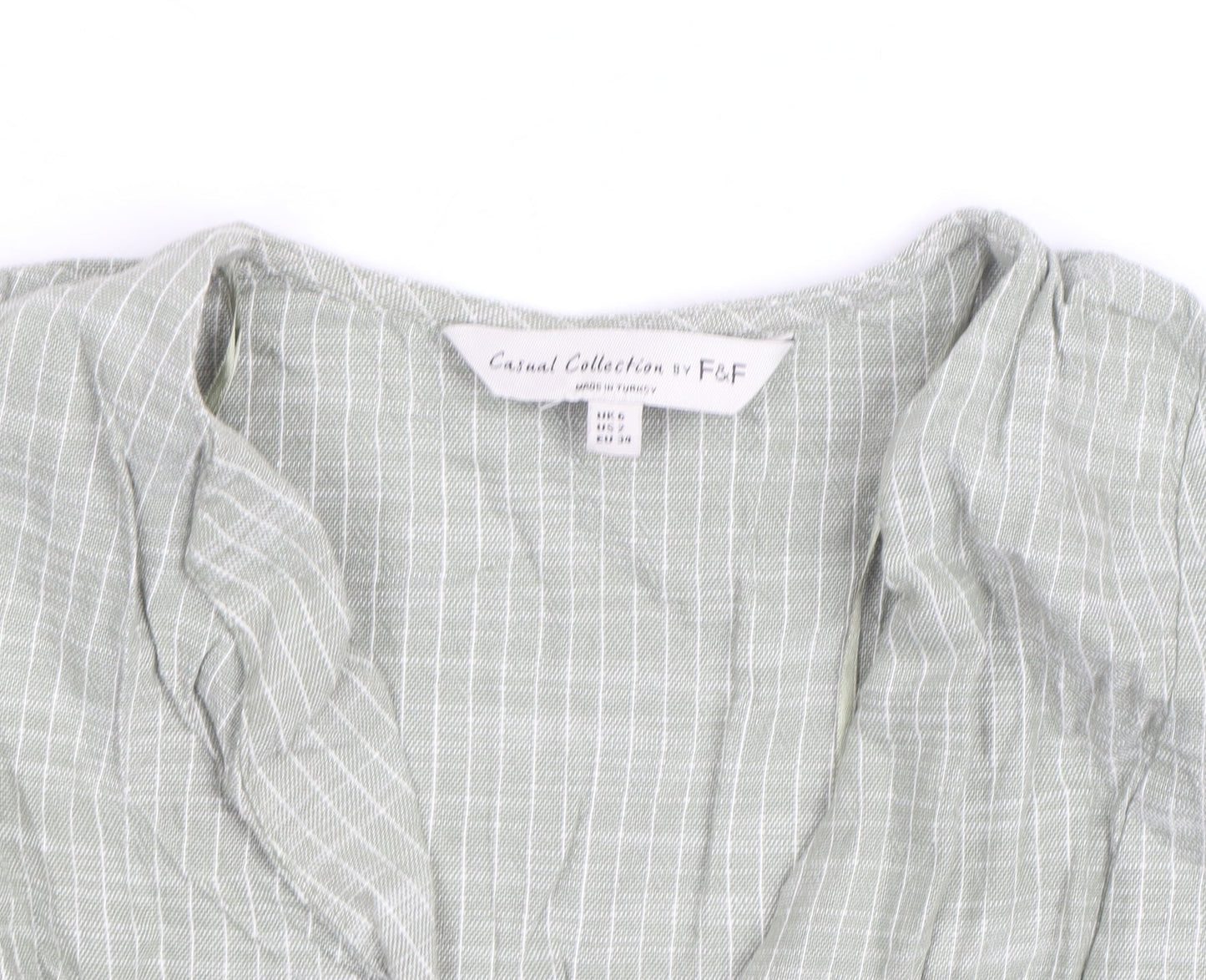 F&F Women’s Green Check Cotton Tunic Blouse Size S V-Neck 3/4 Sleeve