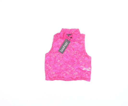 Boohoo Womens Pink Lace Cropped Tank Top Size 10 High Neck