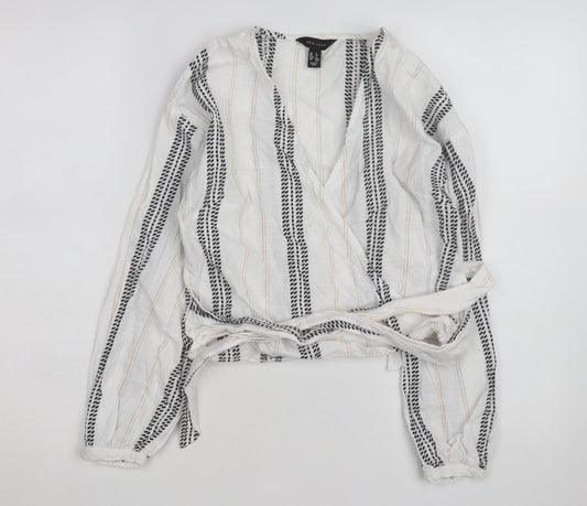 New Look Women's White Striped Wrap Blouse Size 6 Long Sleeve