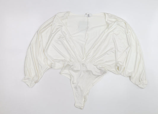Missguided Women Ivory Satin Bodysuit UK 8 Long Sleeve Deep V Wrap Style