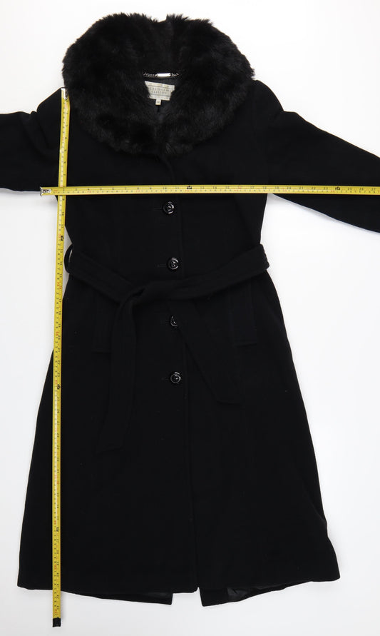 Debenhams Womens Black Wool Cashmere Long Belted Fur Collar Coat Size 10