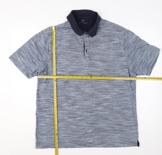 Marks and Spencer Men's Blue Geometric Cotton Blend Polo Shirt Size L
