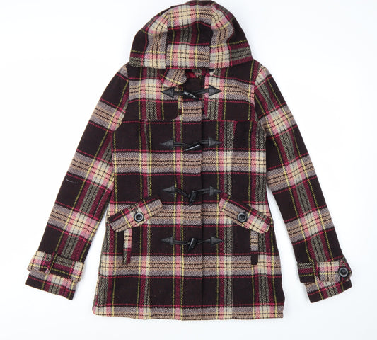 Next Women Brown Check Hooded Duffle Coat Size 8
