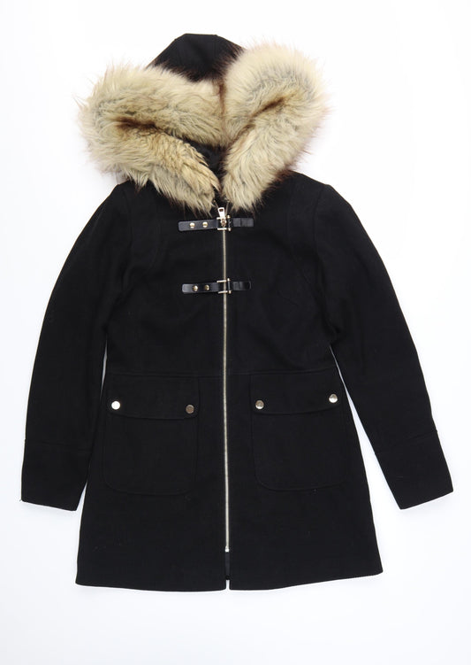 Miss Selfridge Women Black Faux Fur Hooded Mid-Length Coat UK 8