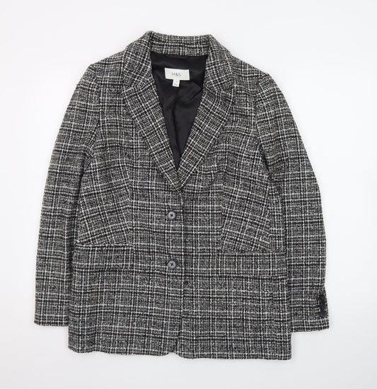 Marks and Spencer Women Black Check Blazer Size 10 Classic Wool Blend