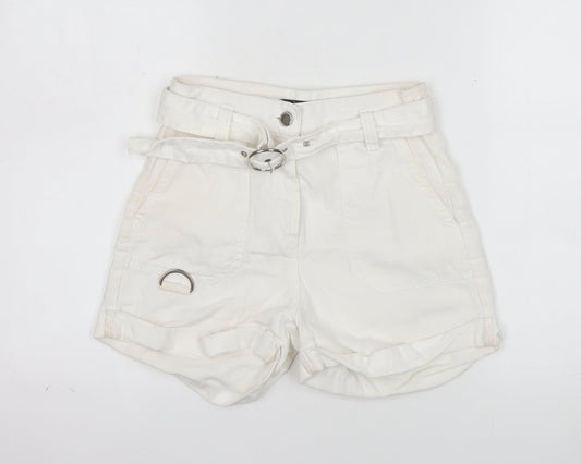 Bershka Womens Ivory Cotton Linen Paperbag Shorts Size 6