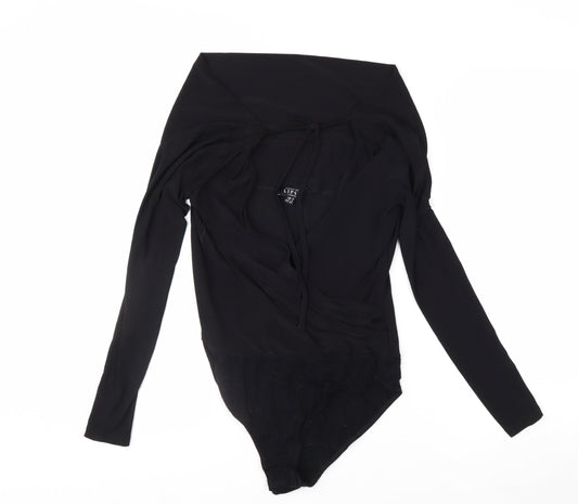 Lipsy Women’s Black Wrap Long Sleeve Off Shoulder Bodysuit Size 8