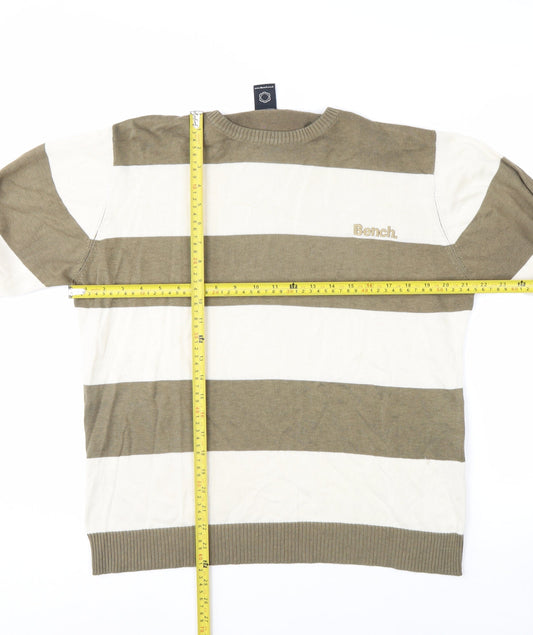 Bench Men's Beige Striped Crew Neck Cotton Acrylic Jumper Size M