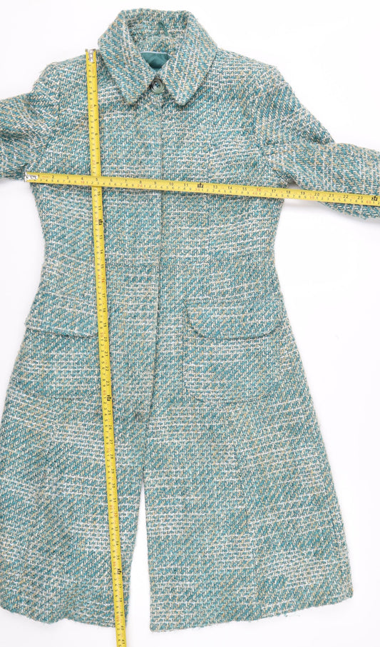 Next Women's Green Tweed Long Overcoat Size 10 Buttoned Wool Blend