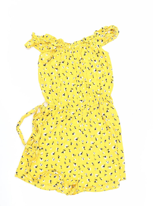 Additional front view of Miss Selfridge Women Yellow Floral Viscose Playsuit UK 10 Sleeveless Summer