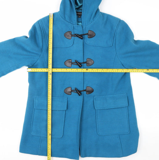Wishwood Women's Blue Wool Duffle Coat Size 14 Hooded Mid-Length
