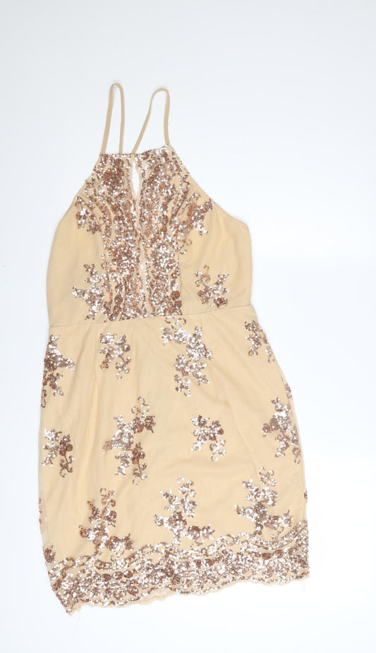 Additional front view of In The Style Women's Beige Sequin Halter Bodycon Dress, size 12