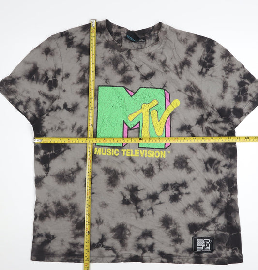 MTV Women's Grey Tie-Dye Music T-Shirt L Retro Cotton Short Sleeve