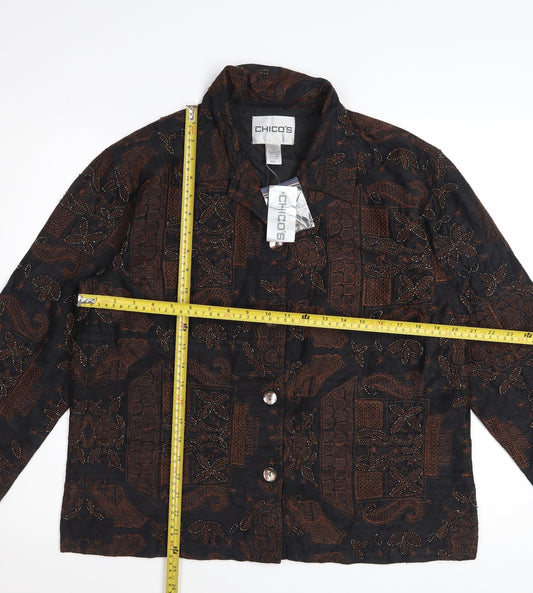 Chico's Women's Brown Silk Embroidered Long Sleeve Button-Up Shirt M