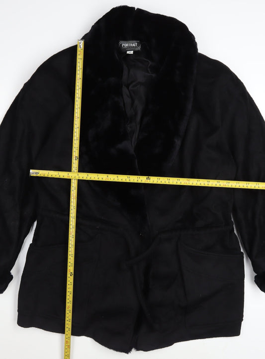 Portrait Women’s Black Wool Blend Fur Trim Mid-Length Coat Size 12