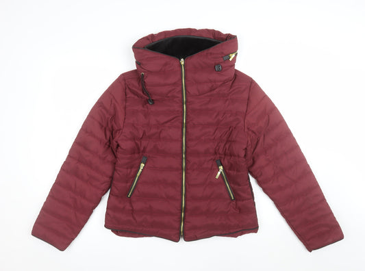 PrettyLittleThing Women's Red Puffer Jacket L Hooded Zip Winter Coat