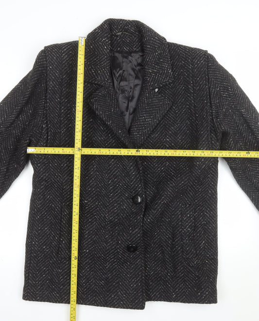 Collection Elégante Women's Black Wool Blend Herringbone Mid-Length Coat Size 12