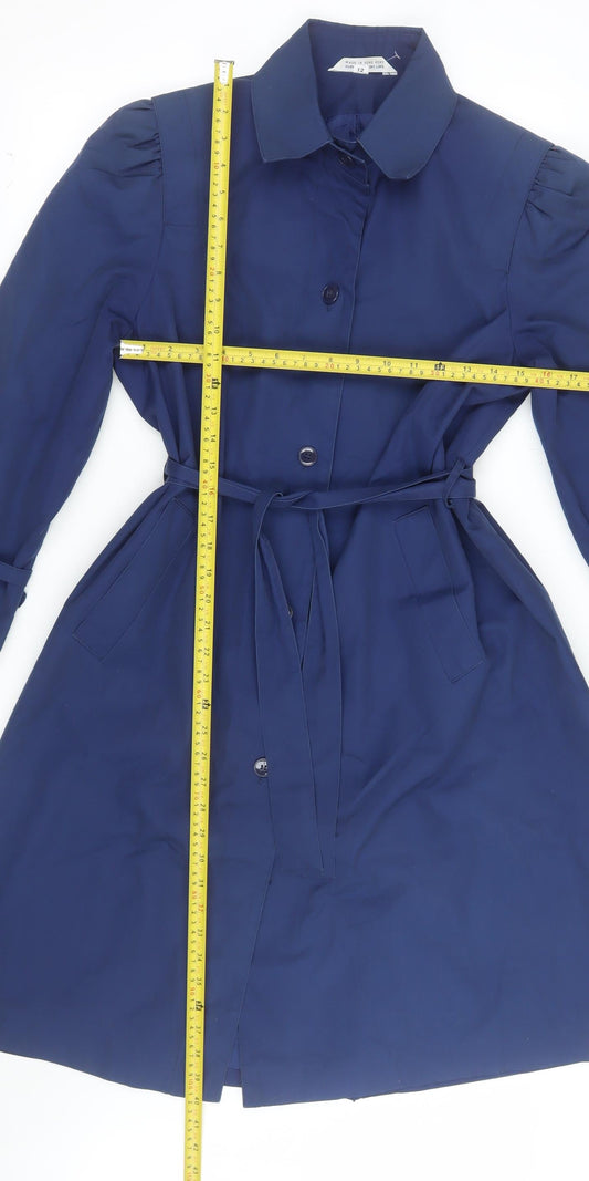 Downpour Womens Blue Belted Trench Coat Size 12 Long Sleeve Classic Style