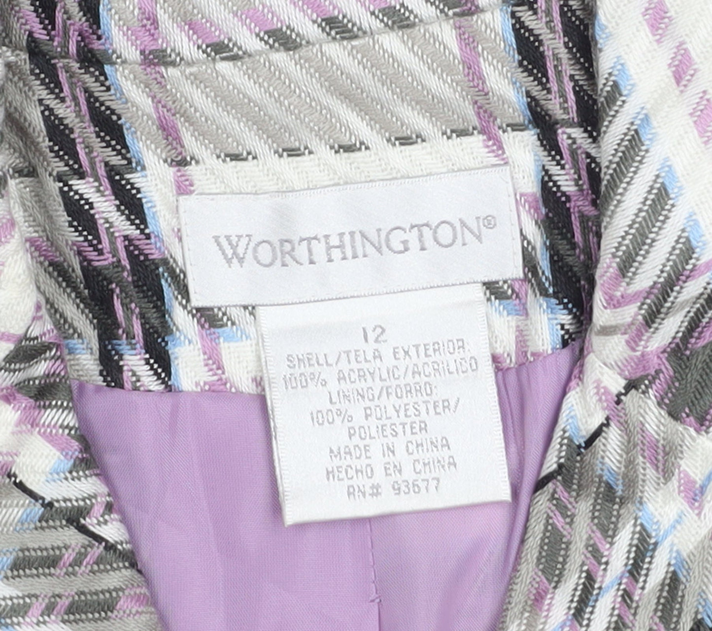 Worthington Women’s Checked Long Coat White Purple Size 12 Acrylic Blend