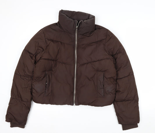 Hollister Women’s Brown Cropped Puffer Jacket Size M Quilted Zip Winter Coat
