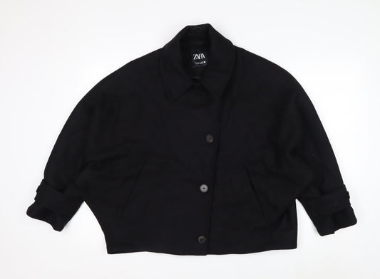 Zara Women Black Wool Blend Short Relaxed Button Jacket Size S