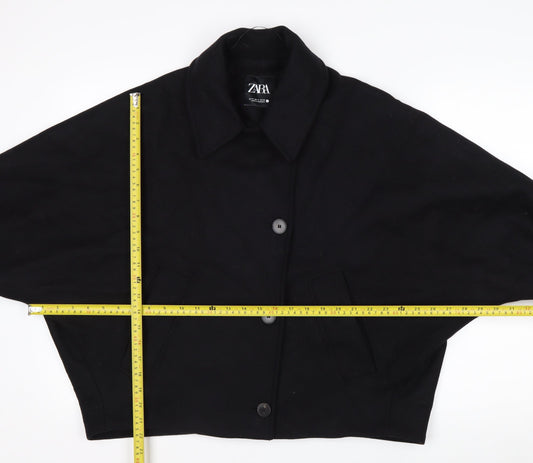 Zara Women Black Wool Blend Short Relaxed Button Jacket Size S