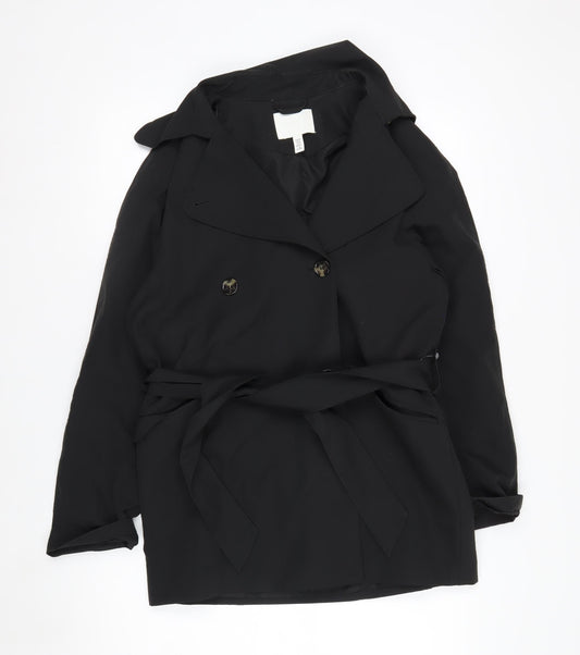 H&M Women Black XS Belted Trench Coat Polyester Classic Style