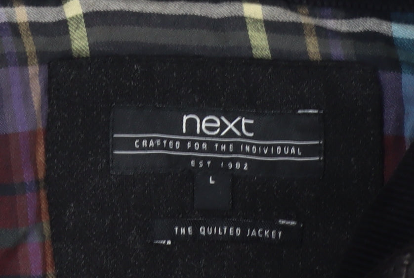 Next Men's Black Quilted Jacket L Polyester Wool Blend Lined Casual
