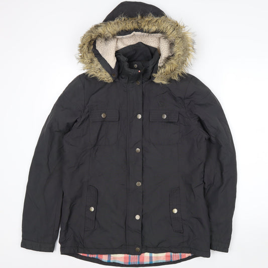 Fat Face Women's Black Faux Fur Hooded Parka Jacket Size 12