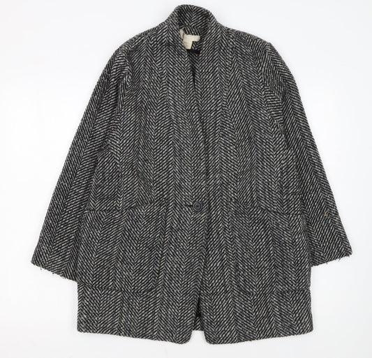 H&M Women Grey Herringbone Wool Blend Mid-Length Coat Size 12