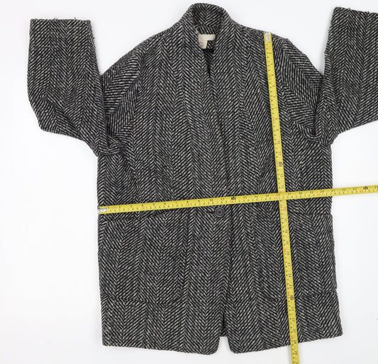 H&M Women Grey Herringbone Wool Blend Mid-Length Coat Size 12
