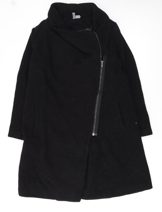 H&M Divided Women's Black Wool Blend Long Zip Coat Size 14