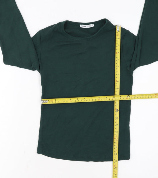 Bershka Women's Green Long Sleeve Basic Stretch Jersey Top M